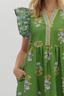 Entro Contrasting Floral print Midi Dress with Banded Accents in Green