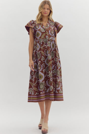 Entro Multi Mixed Print Midi Dress in Red Bean
