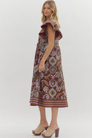 Entro Multi Mixed Print Midi Dress in Red Bean