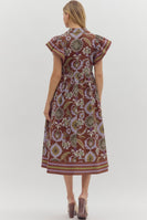 Entro Multi Mixed Print Midi Dress in Red Bean