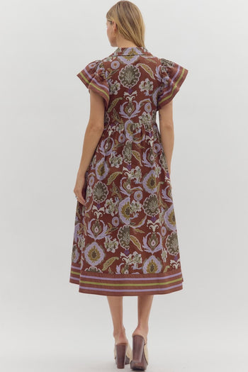 Entro Multi Mixed Print Midi Dress in Red Bean