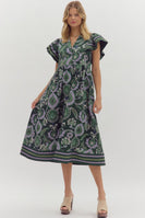 Entro Multi Mixed Print Midi Dress in Green