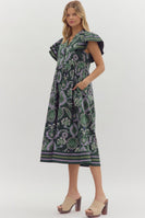 Entro Multi Mixed Print Midi Dress in Green