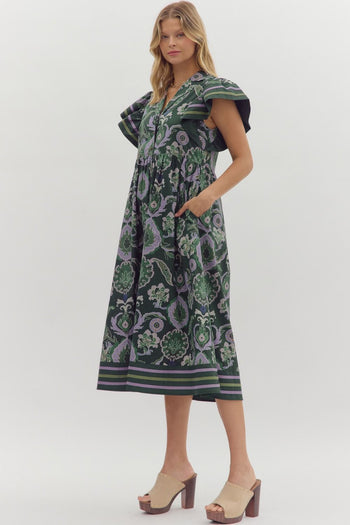 Entro Multi Mixed Print Midi Dress in Green
