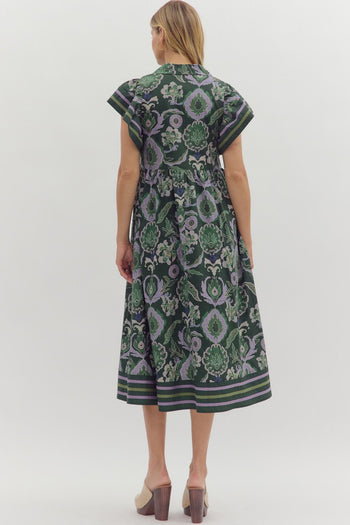 Entro Multi Mixed Print Midi Dress in Green