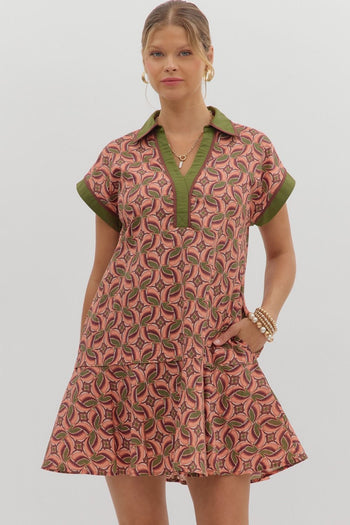 Entro Abstract Print Mini Dress in Terra Cotta