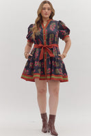 Entro Floral Print Belted Mini Dress in Black