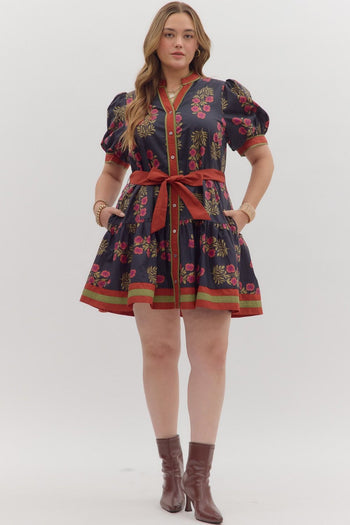 Entro Floral Print Belted Mini Dress in Black