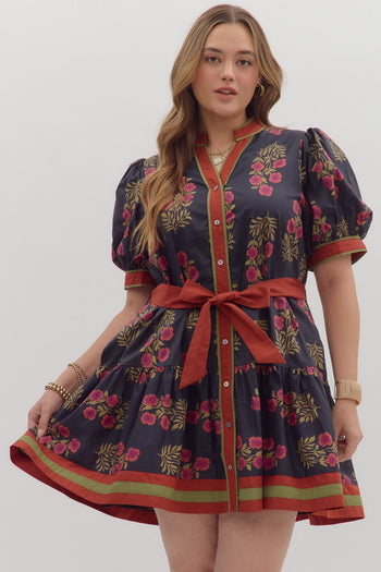 Entro Floral Print Belted Mini Dress in Black