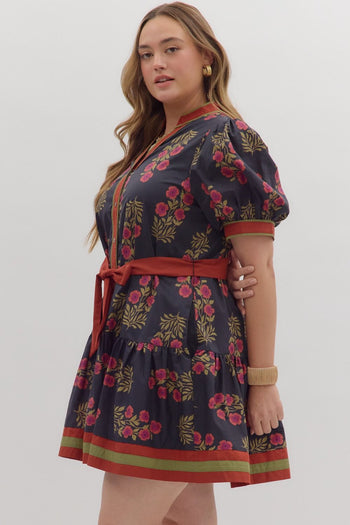 Entro Black Floral Mini Dress with Puff Sleeves & Tie Waist Large Entro Black Floral Mini Dress with Puff Sleeves & Tie Waist Large