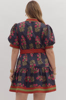 Entro Floral Print Belted Mini Dress in Black