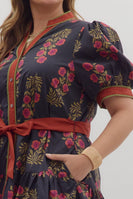 Entro Floral Print Belted Mini Dress in Black