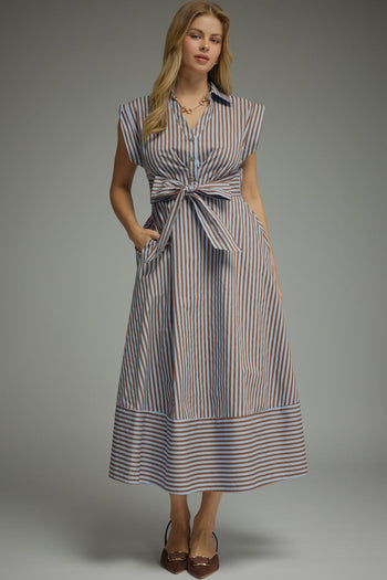 Entro Striped Tie-Front Midi Dress in Blue Brown