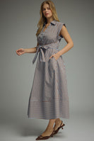 Entro Striped Tie-Front Midi Dress in Blue Brown