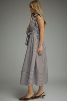 Entro Striped Tie-Front Midi Dress in Blue Brown