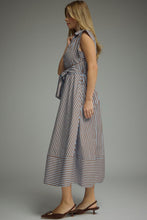 Load image into Gallery viewer, Entro Striped Tie-Front Midi Dress in Blue Brown

