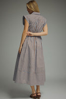 Entro Striped Tie-Front Midi Dress in Blue Brown
