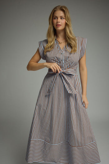Entro Striped Tie-Front Midi Dress in Blue Brown