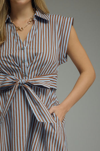 Entro Striped Tie-Front Midi Dress in Blue Brown