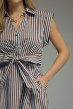 Load image into Gallery viewer, Entro Striped Tie-Front Midi Dress in Blue Brown
