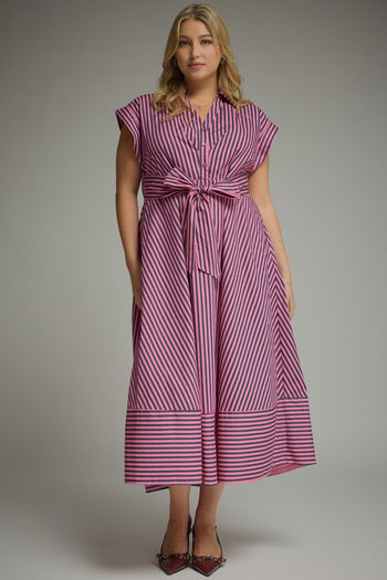Entro Striped Tie-Front Midi Dress in Pink Pine