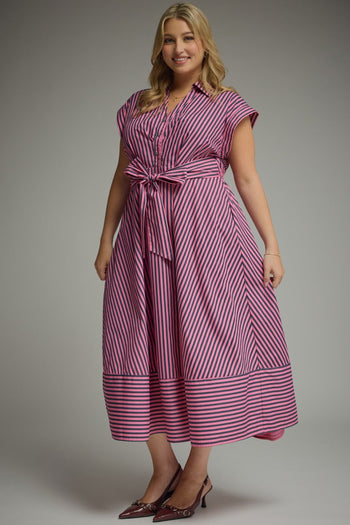 Entro Striped Tie-Front Midi Dress in Pink Pine
