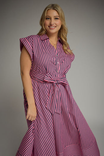 Entro Striped Tie-Front Midi Dress in Pink Pine
