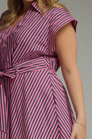 Entro Striped Tie-Front Midi Dress in Pink Pine