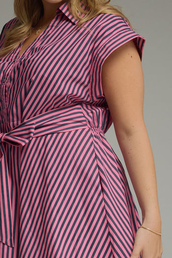 Entro Striped Tie-Front Midi Dress in Pink Pine