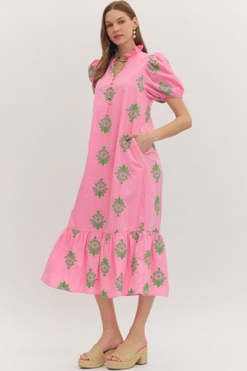 entro Floral Embroidered Midi Dress in Pink