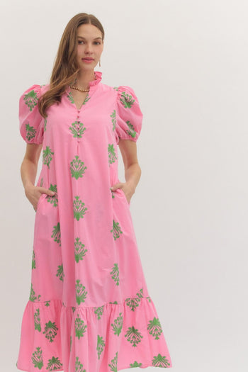 entro Floral Embroidered Midi Dress in Pink