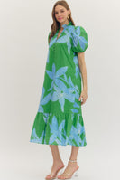 entro Botanical Floral Print Midi Dress in Green