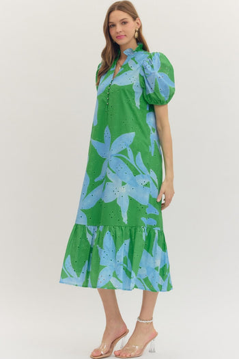 entro Botanical Floral Print Midi Dress in Green