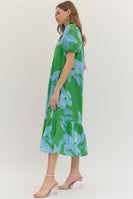 entro Botanical Floral Print Midi Dress in Green