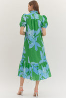 entro Botanical Floral Print Midi Dress in Green