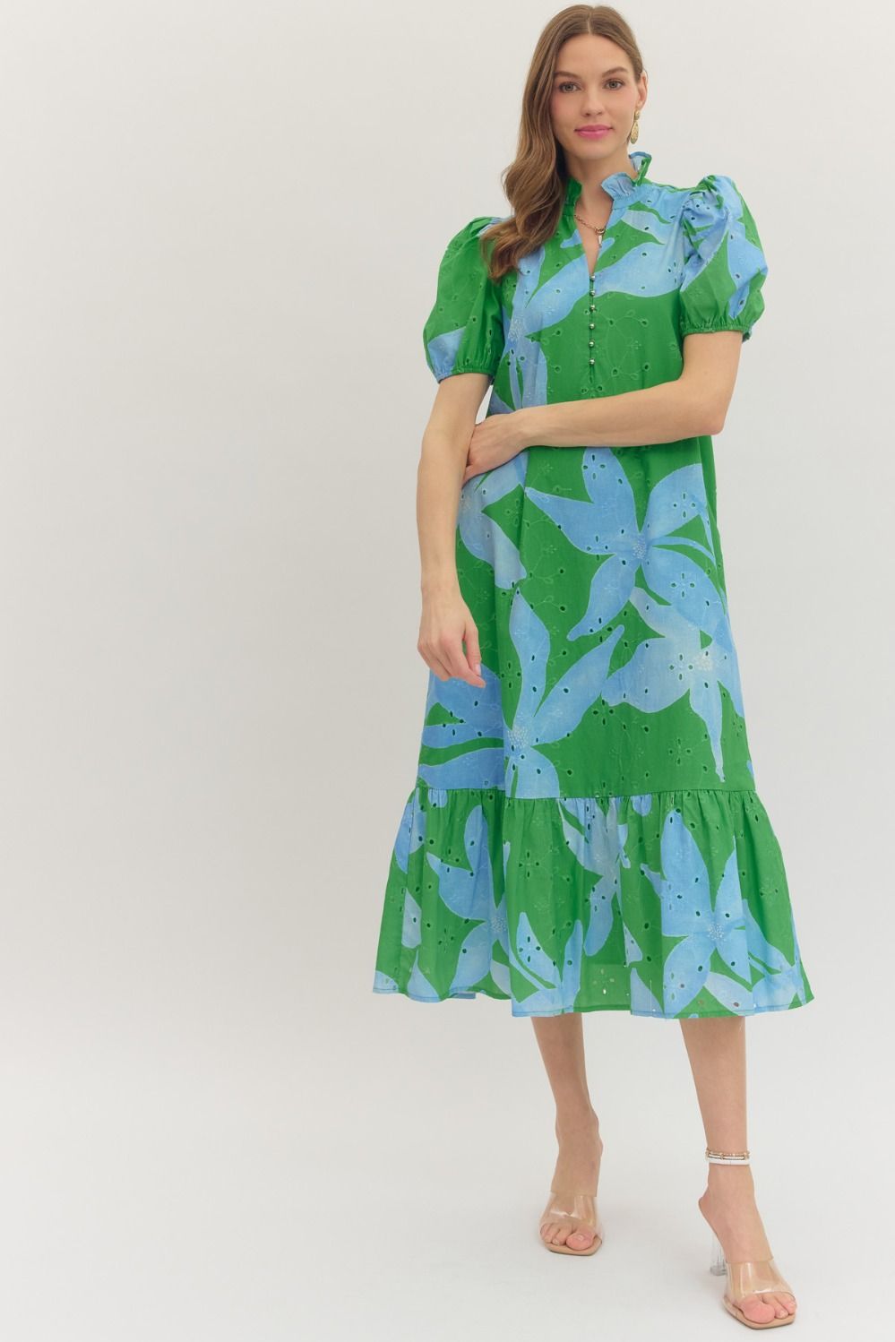 entro Botanical Floral Print Midi Dress in Green  June Adel