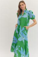 entro Botanical Floral Print Midi Dress in Green