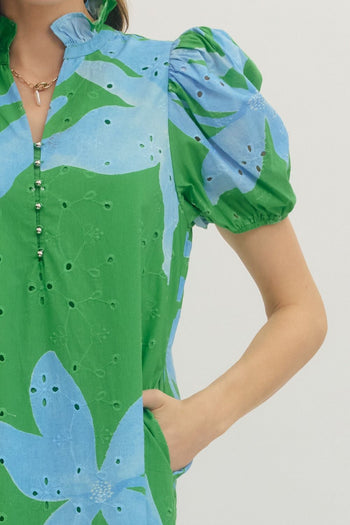 entro Botanical Floral Print Midi Dress in Green