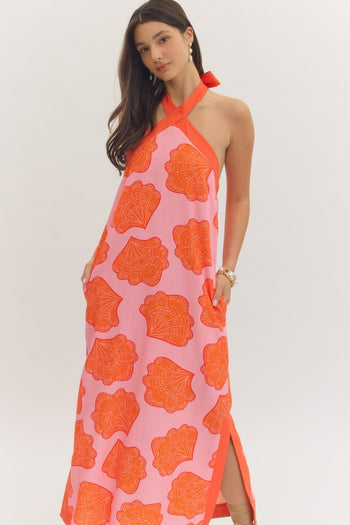 entro Shell Print Halter Neck Maxi Dress in Pink