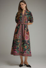 Load image into Gallery viewer, Entro Floral Border Print Puff Sleeve Midi Dress in Black
