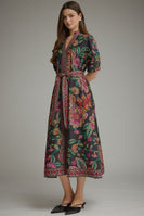 Entro Floral Border Print Puff Sleeve Midi Dress in Black