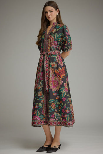 Entro Floral Border Print Puff Sleeve Midi Dress in Black