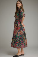 Entro Floral Border Print Puff Sleeve Midi Dress in Black