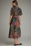 Entro Floral Border Print Puff Sleeve Midi Dress in Black