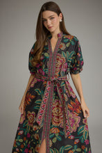 Load image into Gallery viewer, Entro Floral Border Print Puff Sleeve Midi Dress in Black
