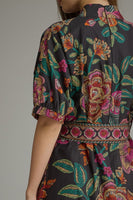 Entro Floral Border Print Puff Sleeve Midi Dress in Black