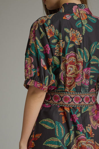 Entro Floral Border Print Puff Sleeve Midi Dress in Black