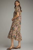 Entro Floral Eyelet Puff Sleeve Midi Dress in Brown