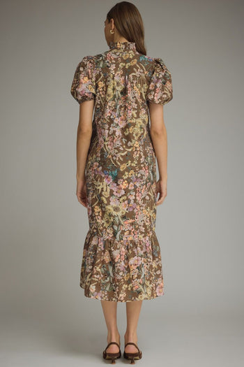 Entro Floral Eyelet Puff Sleeve Midi Dress in Brown