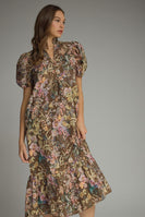Entro Floral Eyelet Puff Sleeve Midi Dress in Brown